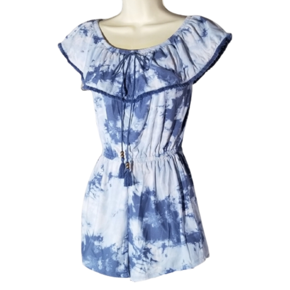Derek Heart Romper Tie-Dye Off Shoulder Blue Size S